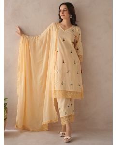 Pastel Yellow Embroidered Cotton Suit- Set of 3