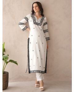 White Embroidered Muslin Kurta with Pants- Set of 2