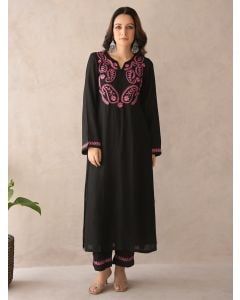 Black Embroidered Muslin Kurta with Pants- Set of 2