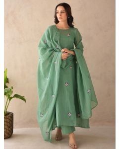 Mint Green Embroidered Kota Doria Suit- Set of 3