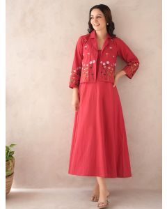 Red Cotton Dress with Embroidered  Jacket- Set of 2