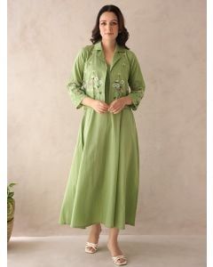 Pista Green Cotton Dress with Embroidered  Jacket- Set of 2
