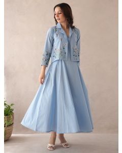 Light Blue Cotton Dress with Embroidered  Jacket- Set of 2