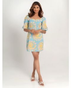 Sky Blue Printed Cotton Poplin Dress