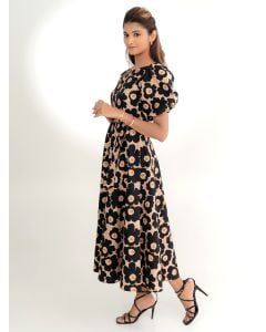 Black Printed Cotton Poplin Dress with Belt