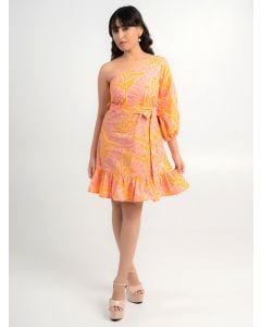 Peach Printed Cotton Poplin One Shoulder Dress with Belt