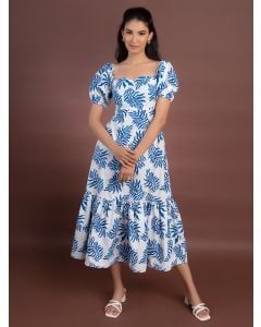 White Blue Printed Cotton Poplin Dress