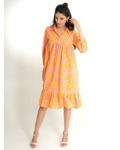 Peach Orange Printed Cotton Poplin Dress