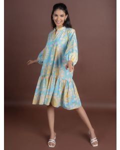 Sky Blue Printed Cotton Poplin Dress