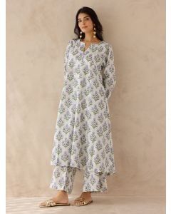 White Blue Printed Cotton Kurta with Pants- Set of 2