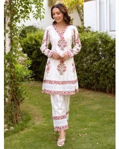 White Pink Hand Block Printed Cotton Kurta with Pants - Set of 2