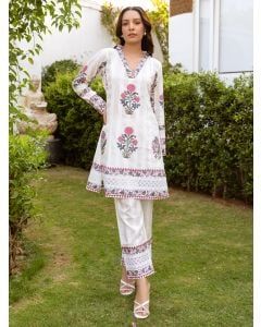 White Hand Block Printed Cotton Kurta with Pants - Set of 2