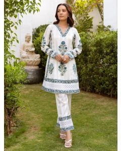 White Teal Blue Hand Block Printed Cotton Kurta with Pants - Set of 2