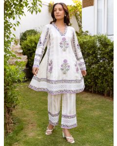 White Purple Hand Block Printed Cotton Kurta with Pants - Set of 2