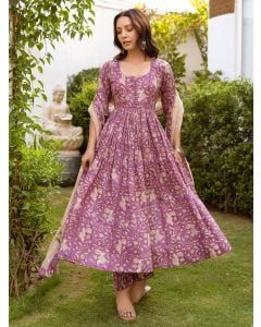 Purple Hand Block Printed Cotton Suit - Set of 3