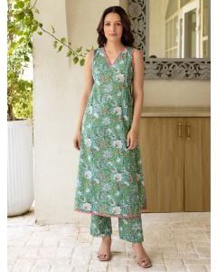 Green Hand Block Printed Cotton Kurta with Pants - Set of 2