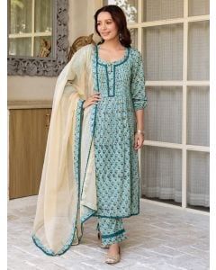 Teal Blue Hand Block Printed Cotton Suit - Set of 3