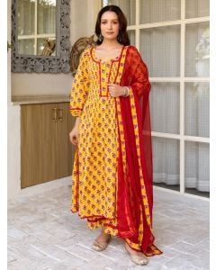 Yellow Hand Block Printed Cotton Suit - Set of 3