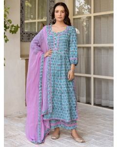 Blue Hand Block Printed Cotton Suit - Set of 3