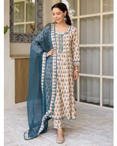 Beige Hand Block Printed Cotton Suit - Set of 3