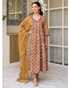 Beige Hand Block Printed Cotton Suit - Set of 3