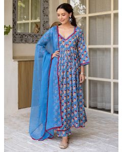 Blue Hand Block Printed Cotton Suit - Set of 3