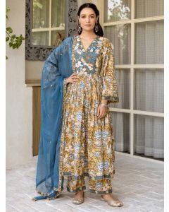 Beige Hand Block Printed Cotton Suit - Set of 3