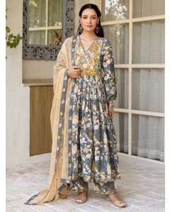 Blue Hand Block Printed Cotton Suit - Set of 3