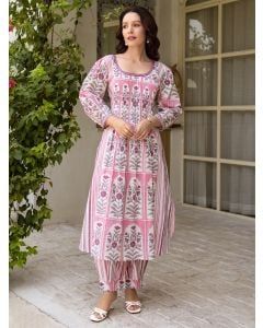 Light Pink Printed Cotton Kurta with Afghani Pants- Set of 2