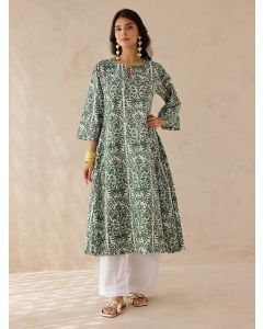 Green White Printed Cotton Kurta with Pants- Set of 2