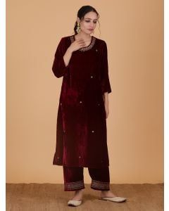 Maroon Embroidered Velvet Kurta