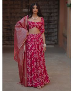 Pink White Printed Cotton Modal Blouse with Lehenga and Organza Dupatta - Set of 3