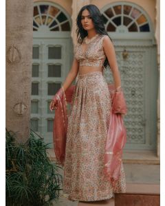 Cream Peach Printed Silk Blend Embroidered Blouse with Lehenga and Organza Dupatta - Set of 3