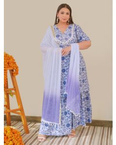 Blue Printed Cotton Sharara Suit - Set of 3