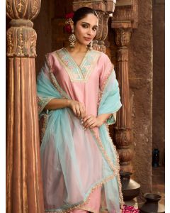 Powder Pink Gota Embroidered Chanderi Kurta with Pants- Set of 2