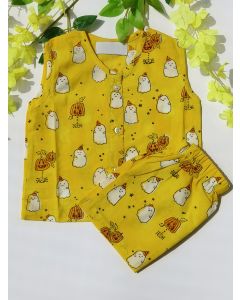 Yellow Hand Block Printed Cotton Mulmul Unisex Jhabla with Shorts - Set of 2