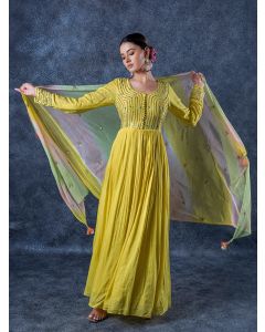 Lemon Yellow Hand Embroidered Linen Silk Dress with Dupatta- Set of 2