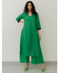 Green Linen Kurta with Palazzo- Set of 2