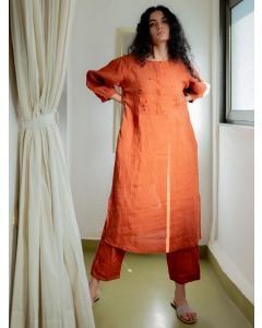 Orange Embroidered Linen Kurta with Pants- Set of 2