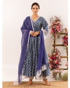Blue Hand Block Printed Cotton Suit- Set of 3