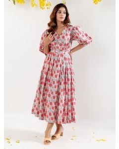 White Red Hand Block Printed Cotton Dress