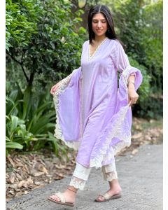 Purple Cotton Mulmul Embroidered Suit- Set of 3