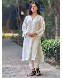 Off White Chanderi Embroidered Kurta with Pants- Set of 2