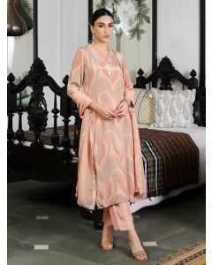 Peach Printed Crepe Suit- Set of 3