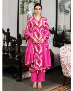 Fushia Printed Crepe Suit- Set of 3