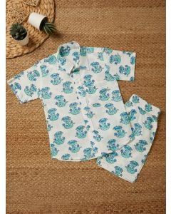 White Blue Hand Block Printed Cotton Unisex Co-ord Set - Set of 2