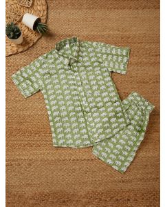 Green White Hand Block Printed Cotton Unisex Co-ord Set - Set of 2