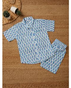 White Blue Hand Block Printed Cotton Unisex Co-ord Set - Set of 2
