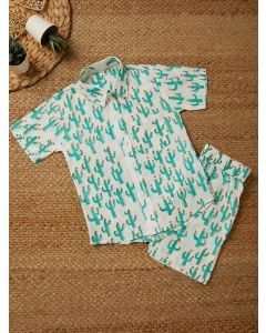 White Green Hand Block Printed Cotton Unisex Co-ord Set - Set of 2