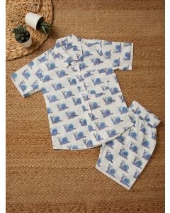 White Blue Hand Block Printed Cotton Unisex Co-ord Set - Set of 2